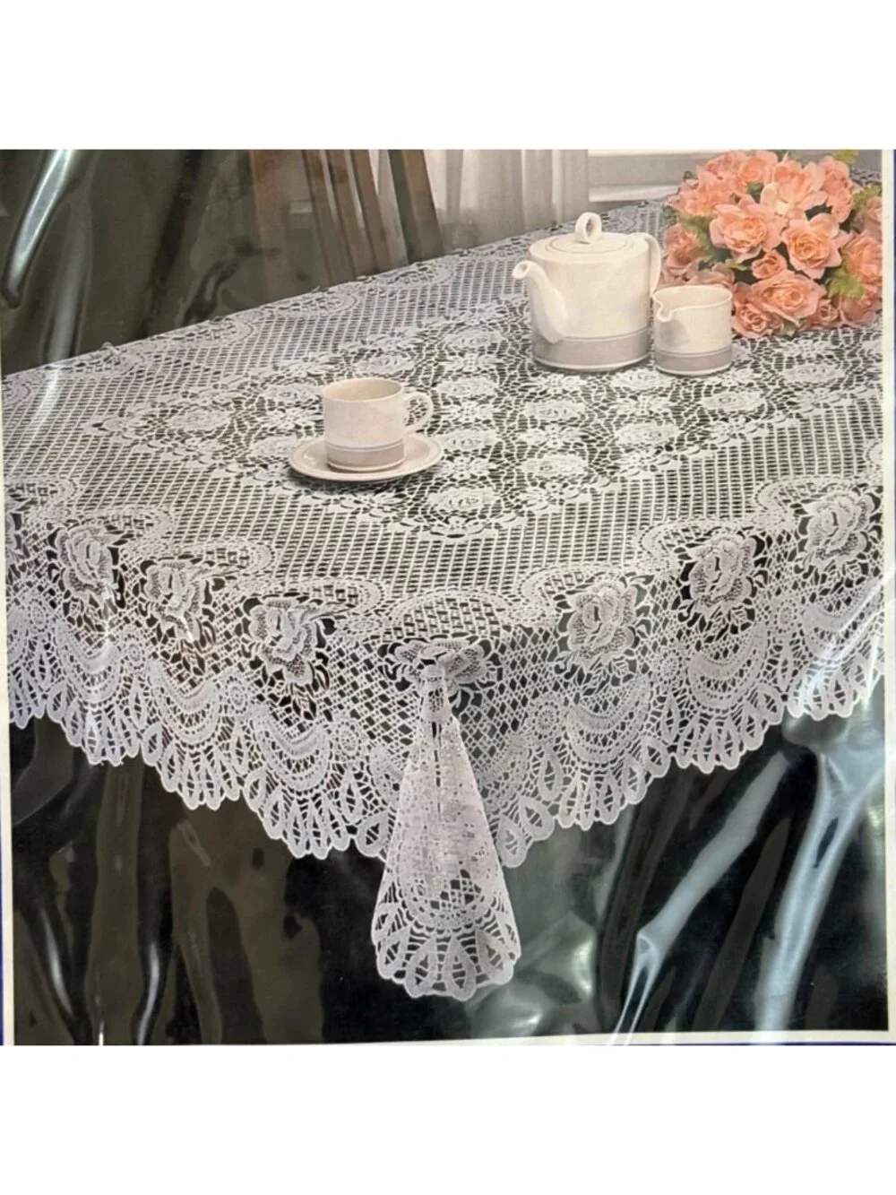Holiday Time PVC Crochet Tablecloth 60x90 Bone Oblong Vinyl Dining Table Cover